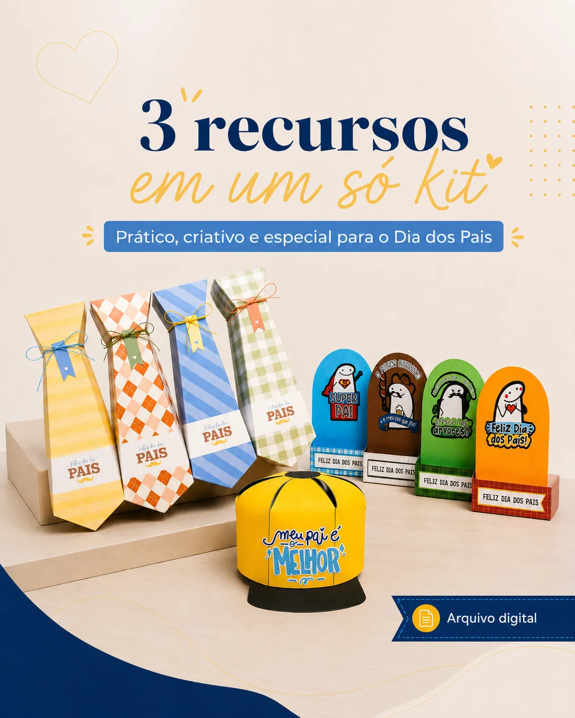 Kit Dia dos Pais: porta bombons gravata, porta bombons boné e mini caixas painel montados